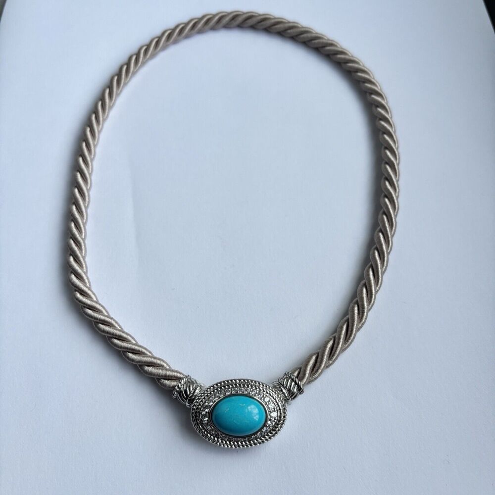 JUDITH RIPKA Sterling Silver Necklace Turquoise & Diamonique Pendant Silk Cord